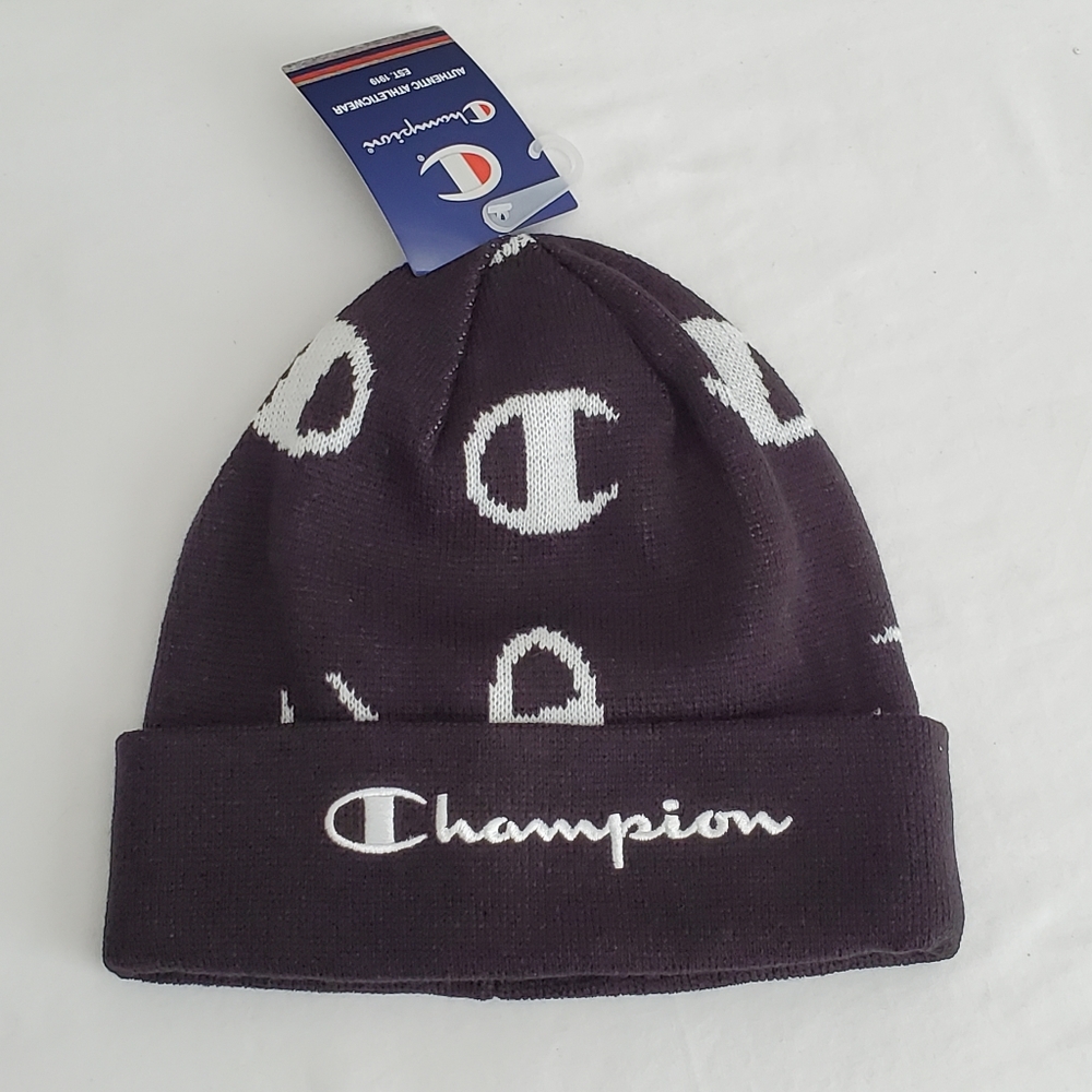 Champion Beanie Hat Black Script All Over Logo - Picture 2 of 5
